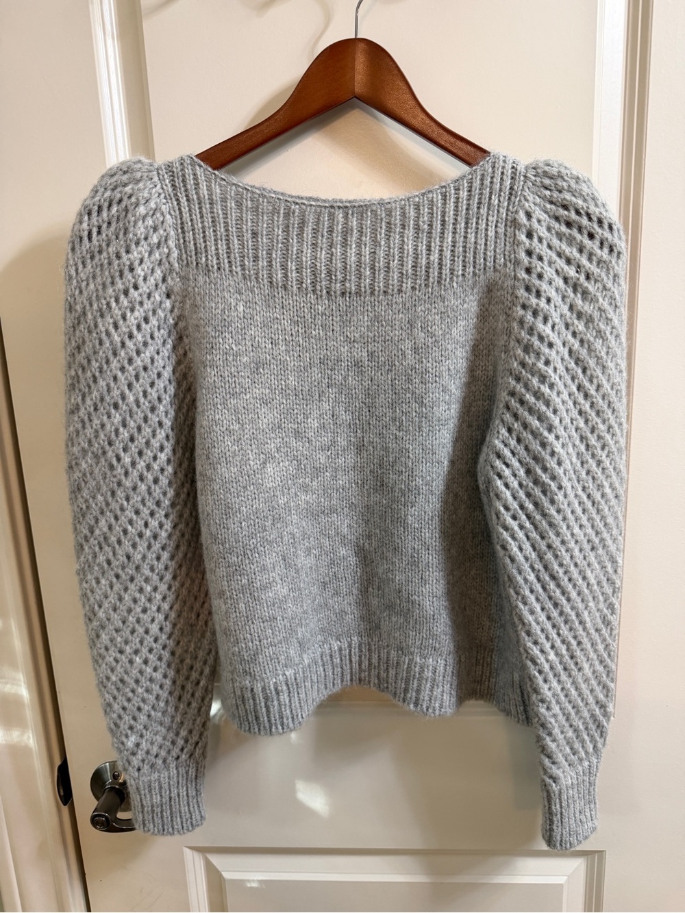 LoveShackFancy Gray Rosie Puff-Sleeve Crewneck Sweater